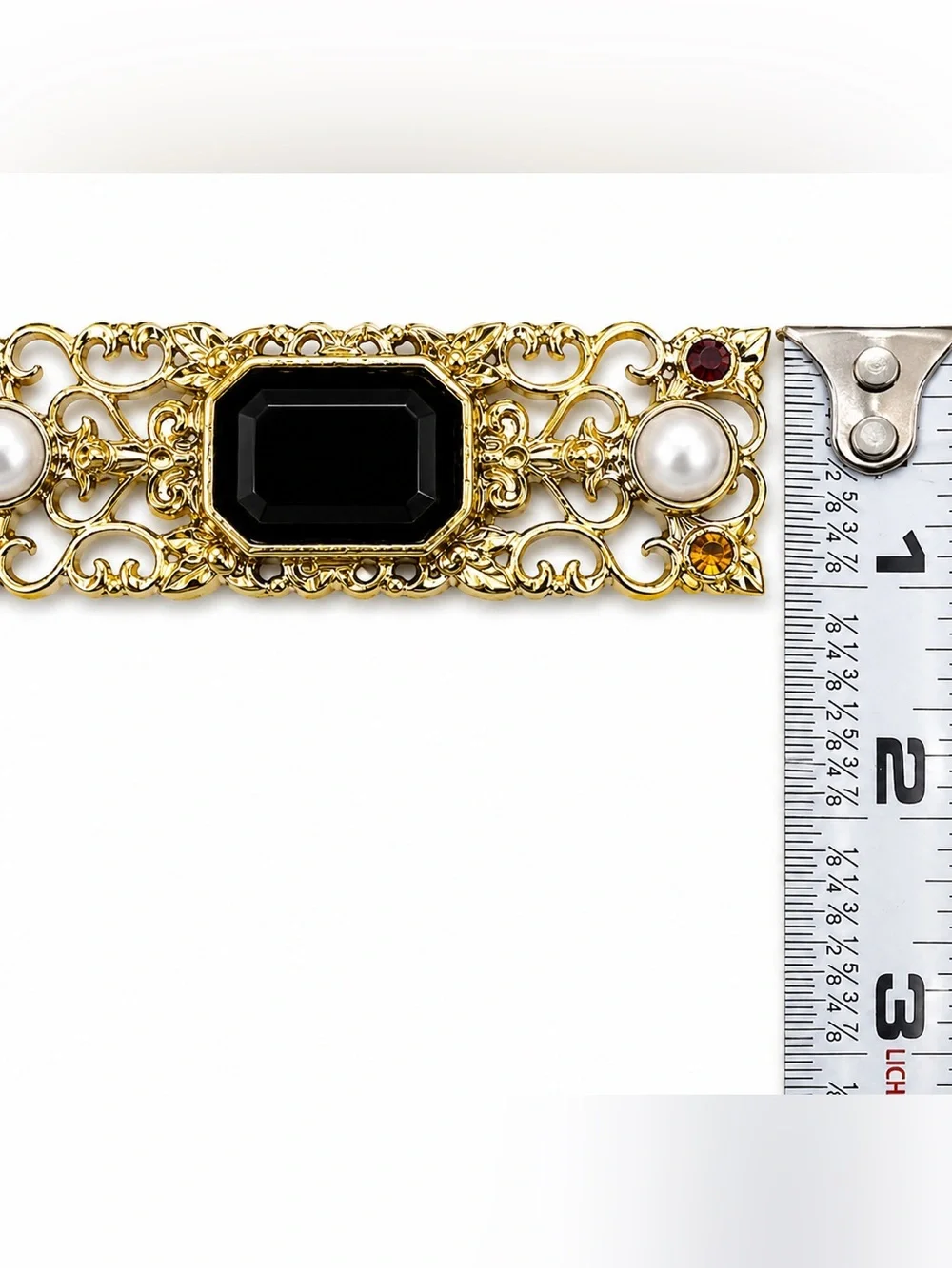 Vintage Gold Tone Filigree Brooch with Faceted Black Stone &‎ Rhinestone Accents